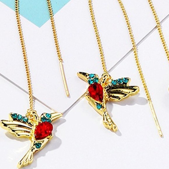 New ! Exquisite Rhinestone Red Humming Bird Long Chain Threader Retro Earrings - Picture 2 of 5